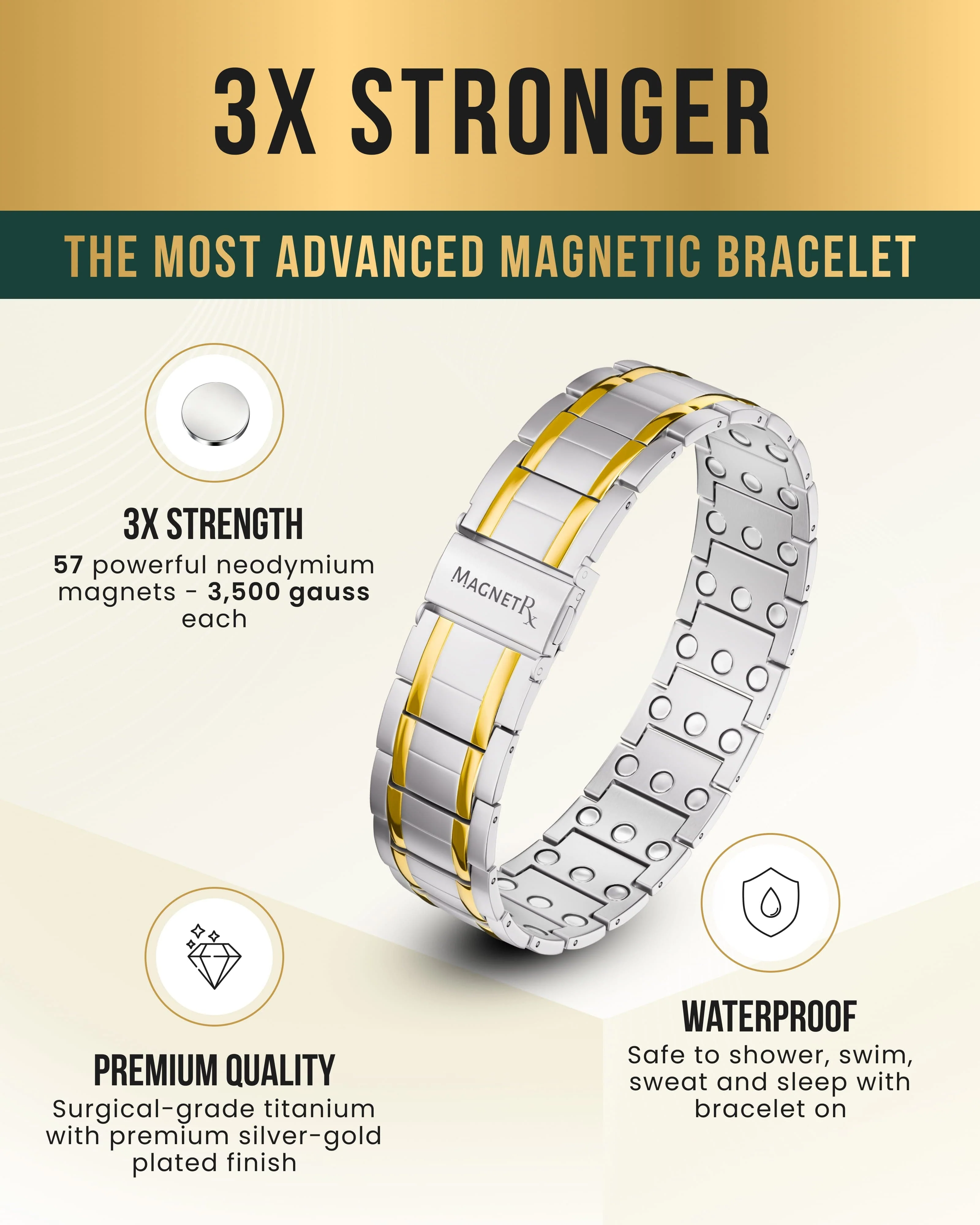 3x Strength Titanium Magnetic Bracelet for Men (Silver & Gold) - Image 4
