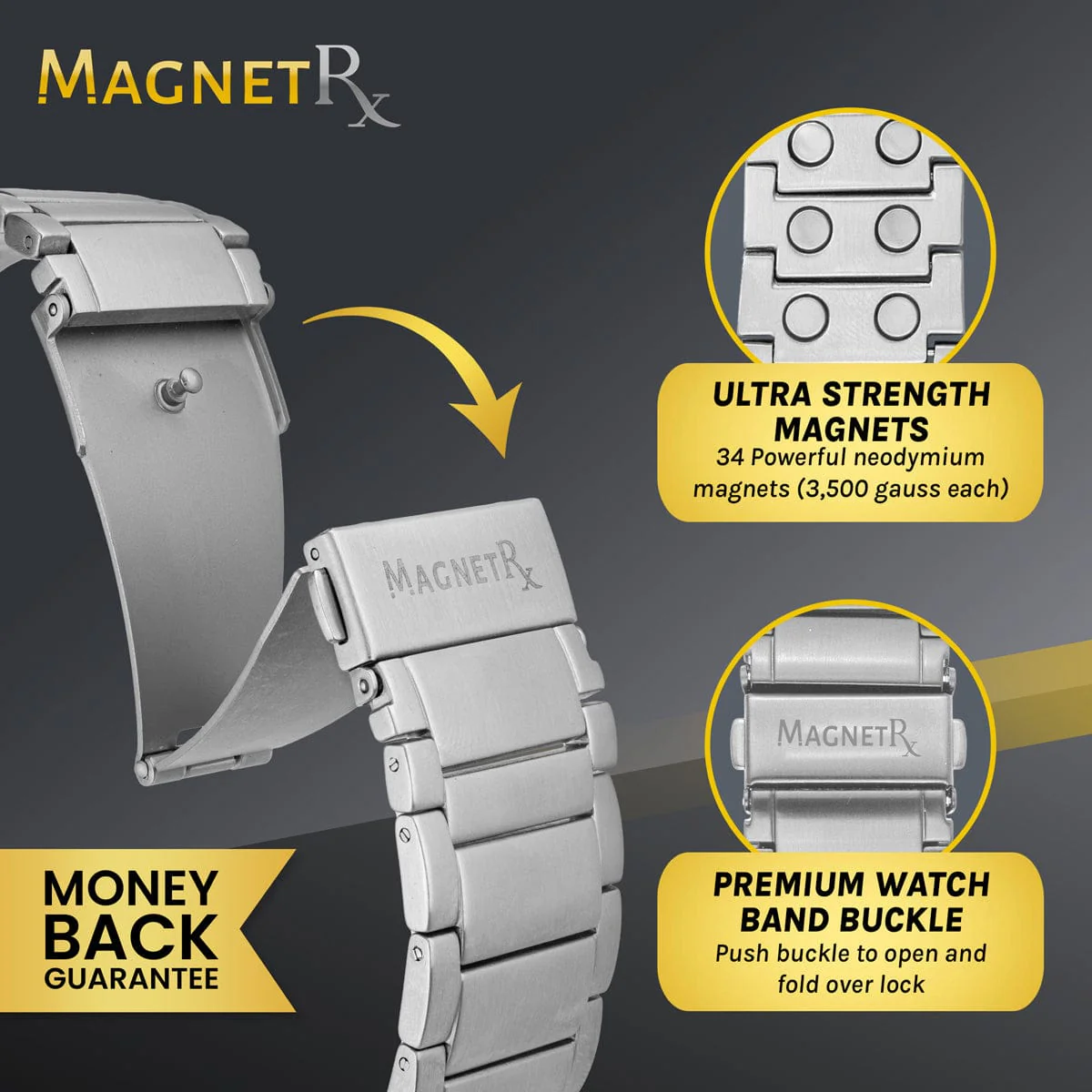 Magnetic Therapy Apple Watch Band Silver Stainless Steel - Image 3