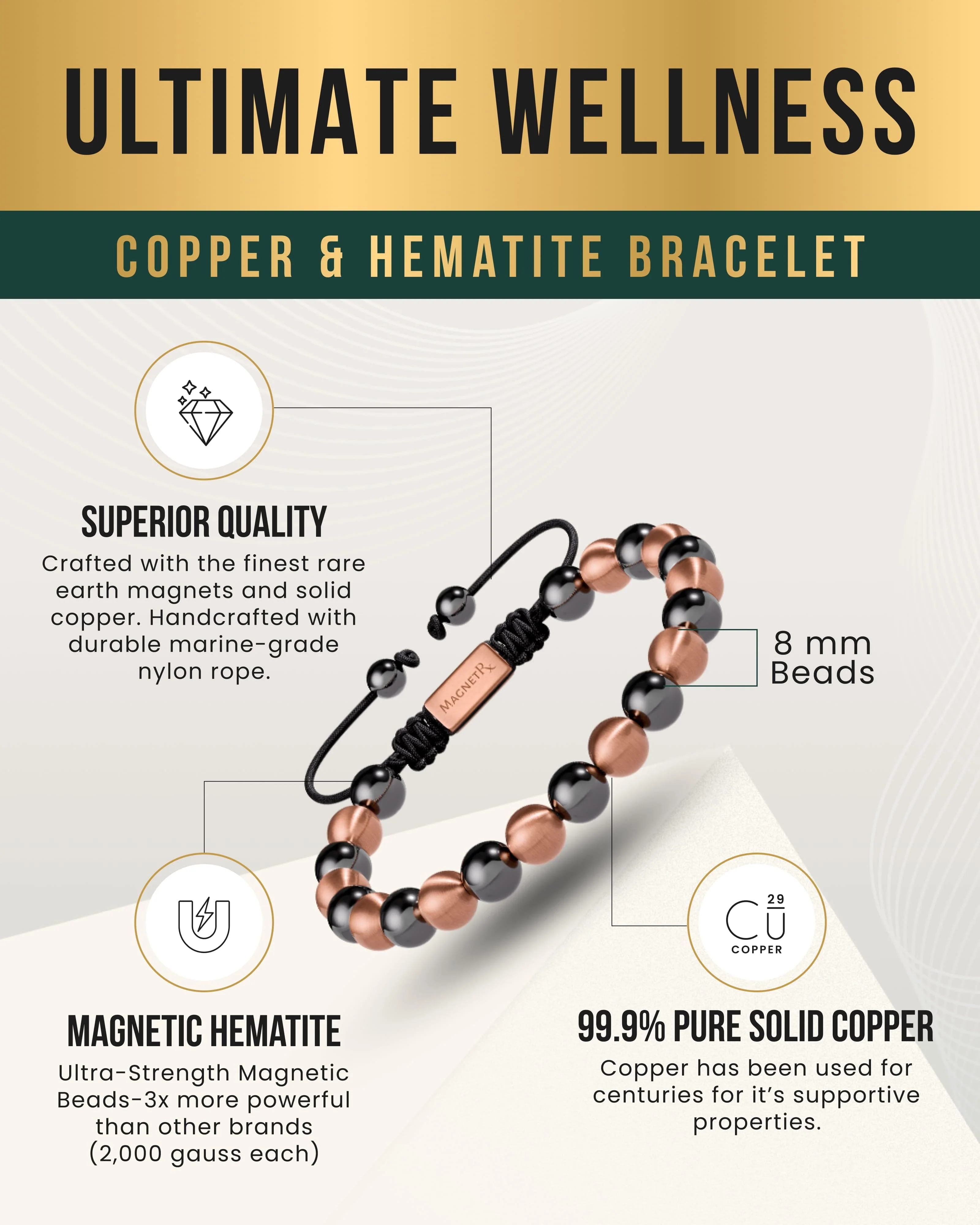 MAX Strength Magnetic Hematite & Copper Bracelet (Single Row) - Image 3