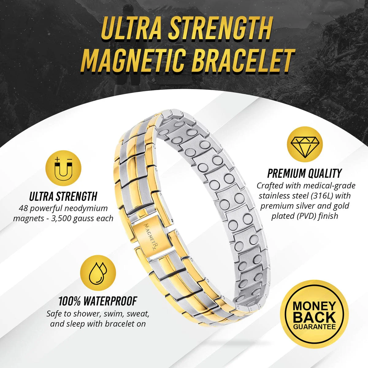 Ultra Strength Magnetic Therapy Bracelet Silver & Gold Classic - Image 3