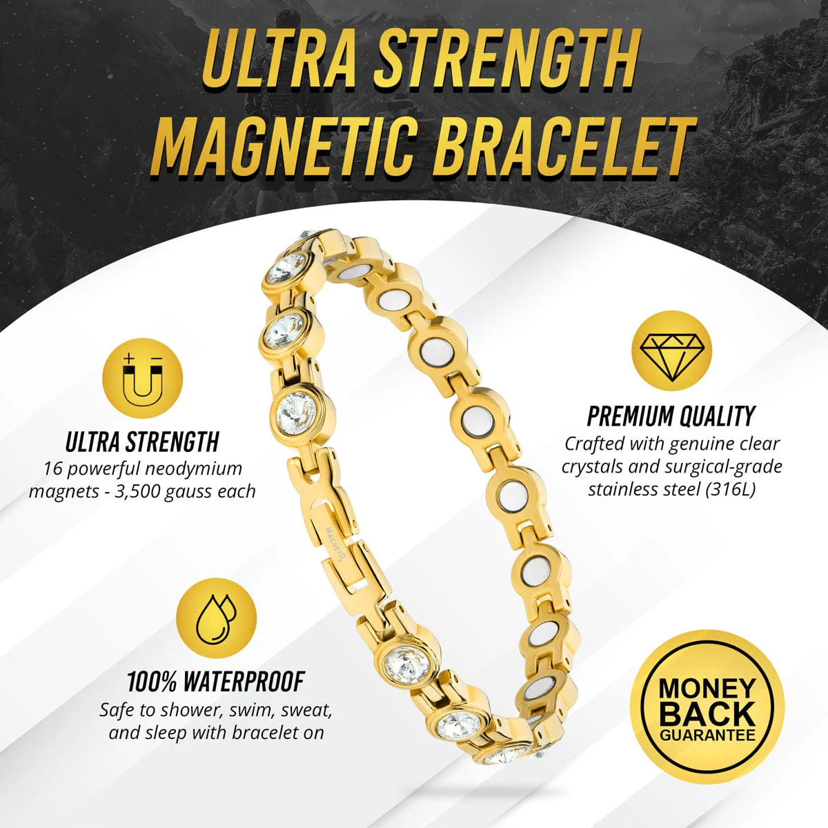 Women's Gold Crystal Magnetic Therapy Bracelet - Image 3